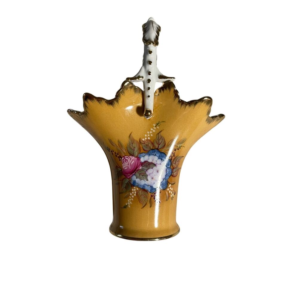 Vintage Vase - Ornate Handle - Yellow Floral - Scalloped Rim - Hand-Painted -EUC